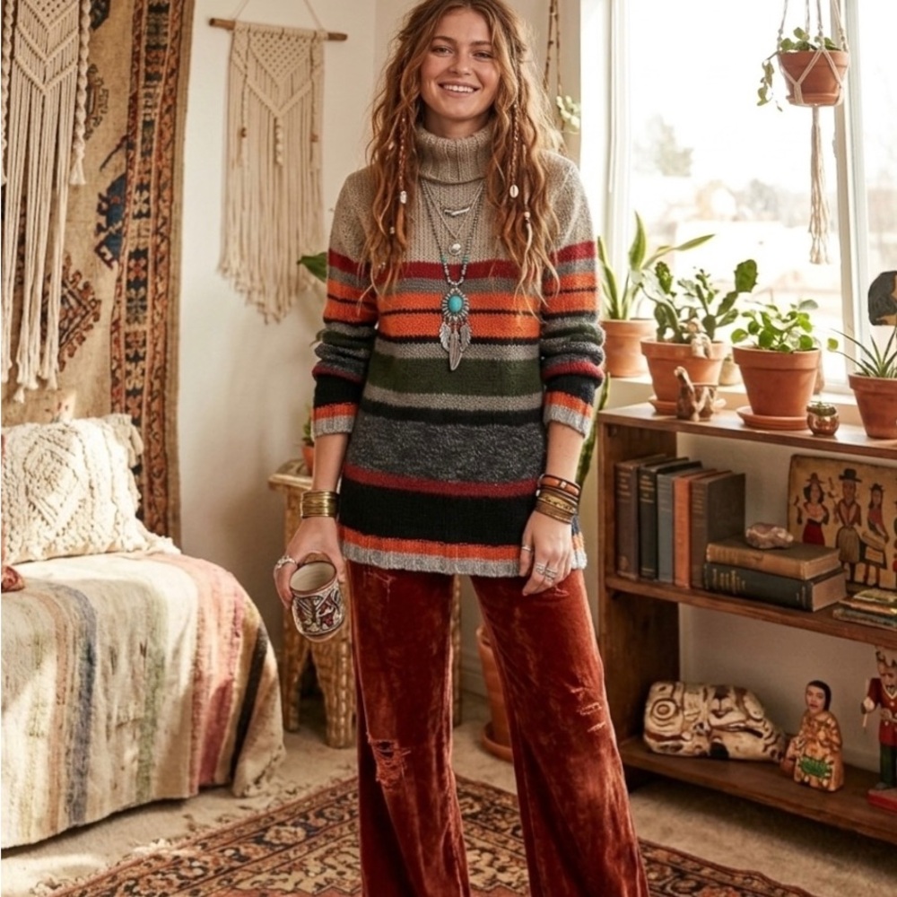 Free People Chunky Striped Turtleneck Apres Ski Sweater Wool M Multicolor